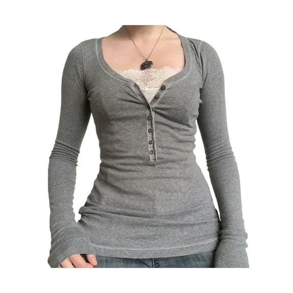 Women Y2K Lace Square Neck Patchwork Long Sleeve T-Shirt Grunge Vintage Aesthetic Slim Fit Tops