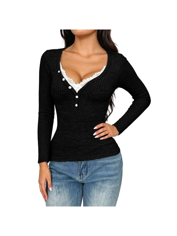 Women Y2K Lace Trim Deep V Neck Ribbed Knit Pullover Top Long Sleeve Fitted Button Front Layering Tee Spring Fall Downtown Girl Coquette Clothing