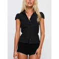 thumbnail image 1 of Women Y2K Lapel Cap‑Sleeve Button‑Down Crop Blouse, Ruched‑Front Tie‑Back Slim‑Fit Vintage Going‑Out Summer Top, 1 of 10