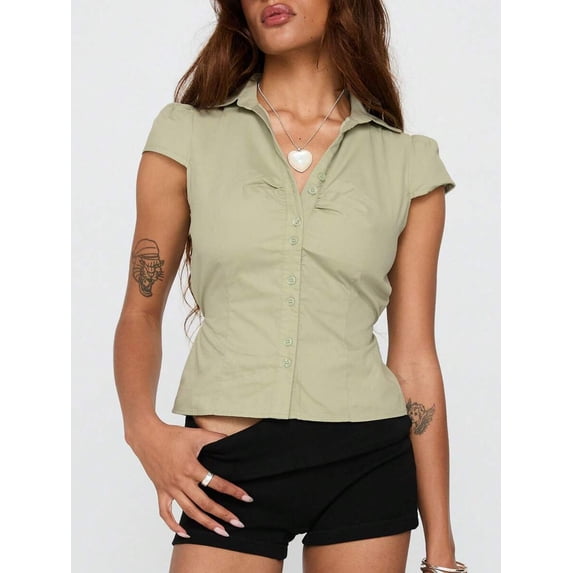 Women Y2K Lapel Cap‑Sleeve Crop Blouse, Ruched‑Front Tie‑Back Slim‑Fit Button‑Down Going‑Out Tops