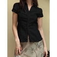 thumbnail image 1 of Women Y2K Lapel Cap‑Sleeve Crop Blouse, Ruched‑Front Tie‑Back Slim‑Fit Button‑Down Going‑Out Tops, 1 of 17