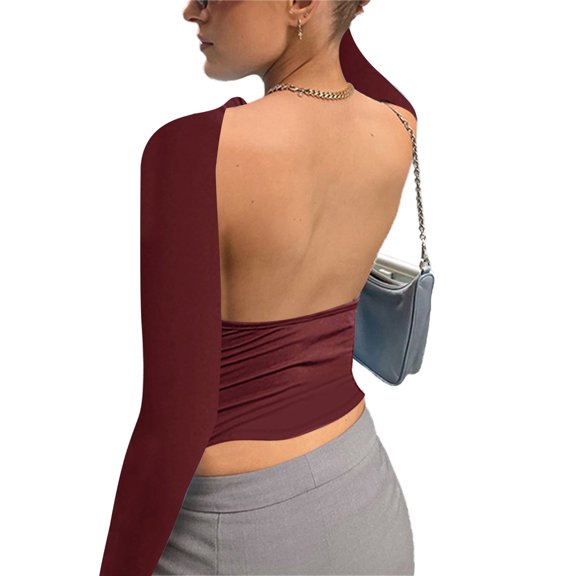 Women Y2K Long Sleeve Crop Tops Solid Color Round Neck Backless Basic T-shirt 90s Clothes