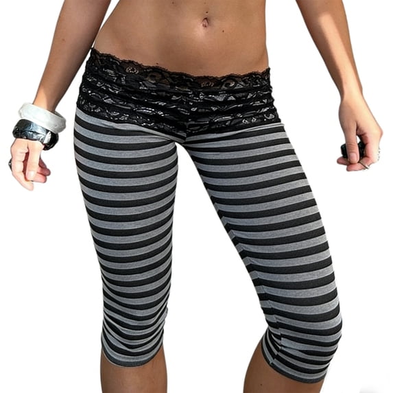 Women Y2K Low Rise Fold over Waist Capris Skinny Yoga Leggings Gray S