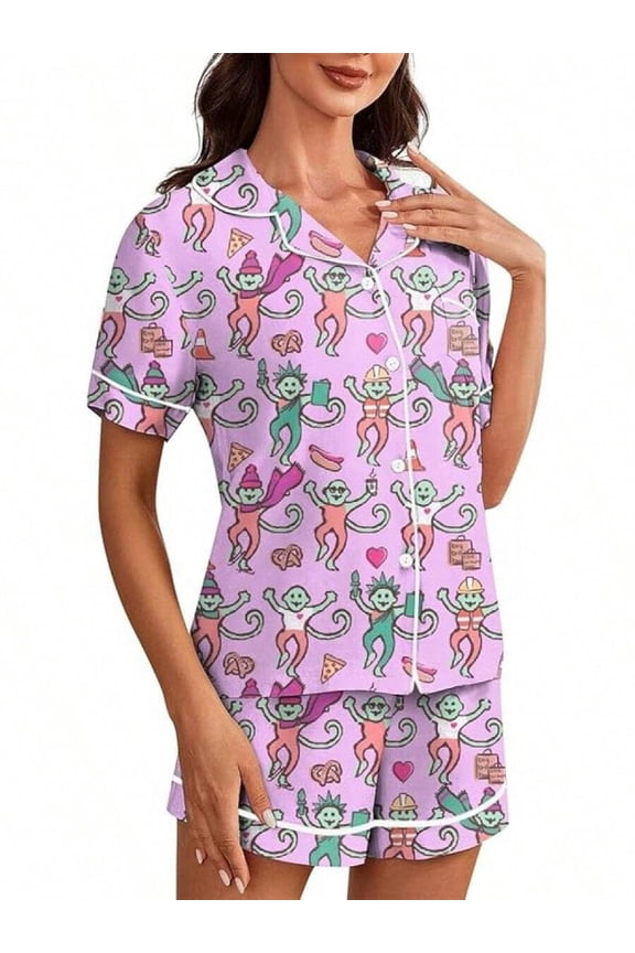 Women Y2K Monkey Print Purple Pajama Set Short Sleeve Button Down Shirt And Shorts Sleepwear