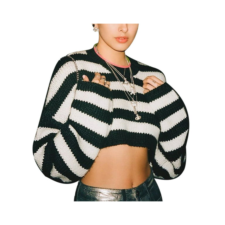 Women Y2K Oversized Crop Tops Sweater Black White Stripe Long Sleeve  Crochet Knitted Pullover