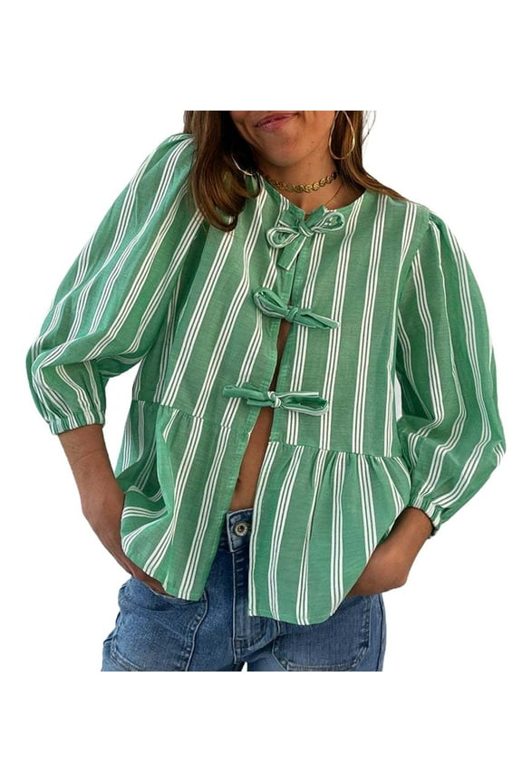 Women Y2K Peplum Tops Puff Short Sleeve Tie Up Blouse Shirt Summer Going Out Cute Babydoll Top Green S