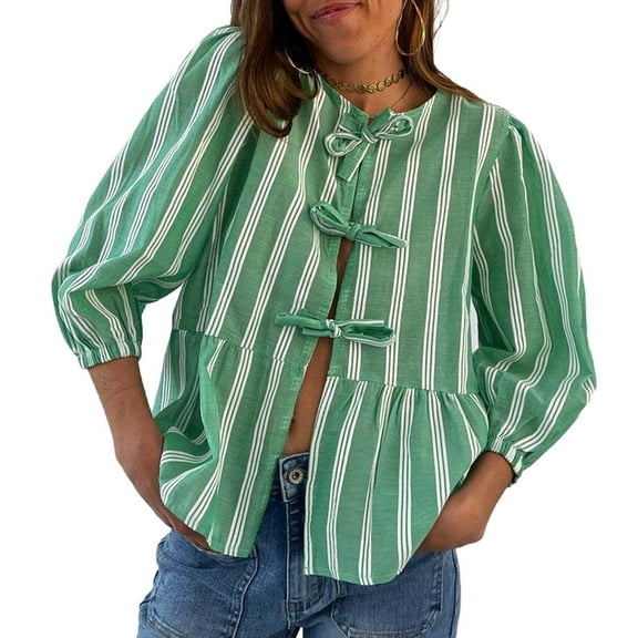 Women Y2K Peplum Tops Puff Short Sleeve Tie Up Blouse Shirt Summer Going Out Cute Babydoll Top Green XL