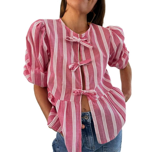 Women Y2K Peplum Tops Puff Short Sleeve Tie Up Blouse Shirt Summer Going Out Cute Babydoll Top Red M