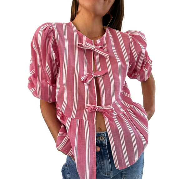 Women Y2K Peplum Tops Puff Short Sleeve Tie Up Blouse Shirt Summer Going Out Cute Babydoll Top Red XL