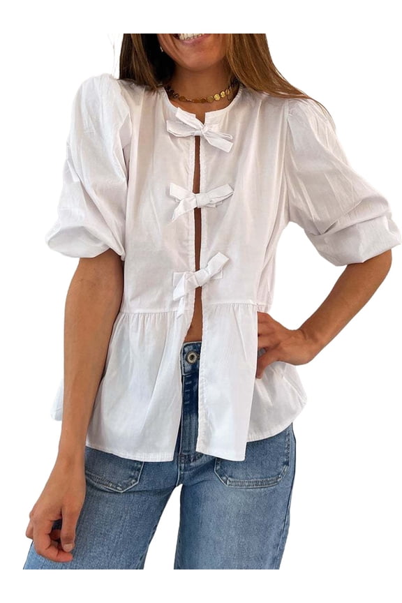 Women Y2K Peplum Tops Puff Short Sleeve Tie Up Blouse Shirt Summer Going Out Cute Babydoll Top White M