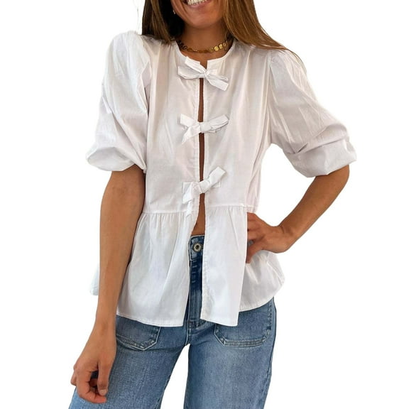 Women Y2K Peplum Tops Puff Short Sleeve Tie Up Blouse Shirt Summer Going Out Cute Babydoll Top White S