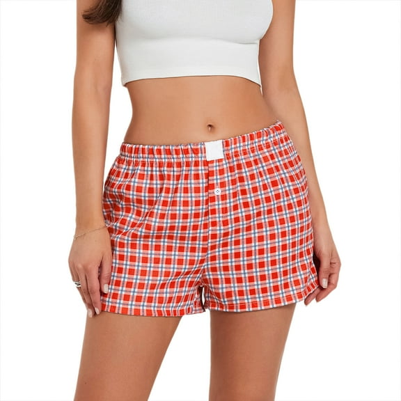 Women Y2K Plaid Shorts Elastic Low Rise Cute Pajama Boxer Shorts Summer Lounge Pj Sleep Short Bottom Sleepwear