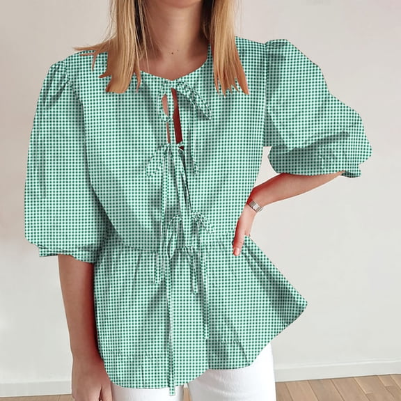 Women Y2K Puff Short Sleeve Peplum Shirts Tie Front Ruffle Hem Babydoll Blouse Tops Teen Girls Lace up Cute Summer Tops, Limited Time Offer, Under 10 Dollars