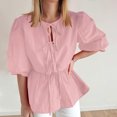 thumbnail image 1 of Women Y2K Puff Short Sleeve Peplum Shirts Tie Front Ruffle Hem Babydoll Blouse Tops Teen Girls Lace up Cute Summer Tops, Limited Time Offer, Under 10 Dollars, 1 of 6