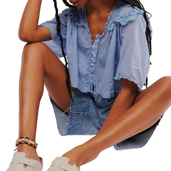 Women Y2K See Through Peplum Shirt Ruffle Lace Trim Buttons Tops Short Sleeve Doll Collar Babydoll Blouse Light Blue XL