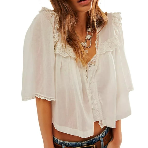 Women Y2K See Through Peplum Shirt Ruffle Lace Trim Buttons Tops Short Sleeve Doll Collar Babydoll Blouse White XL