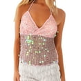 thumbnail image 1 of Women Y2K Sequin Halter Neck Crop Tops V Neck Glitter Cami Top Tie Up Back Sparkle Slim Tank Tops, 1 of 5