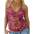 thumbnail image 1 of Women Y2K Sequin Halter Neck Crop Tops V Neck Glitter Cami Top Tie Up Back Sparkle Slim Tank Tops, 1 of 5