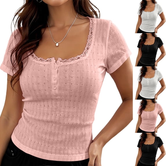 Women Y2K Short Sleeve Button Up Lace Patchwork Crop Tshirt Tops Slim Fit Scoop Neck Henley Summer Women Tee Pink XS