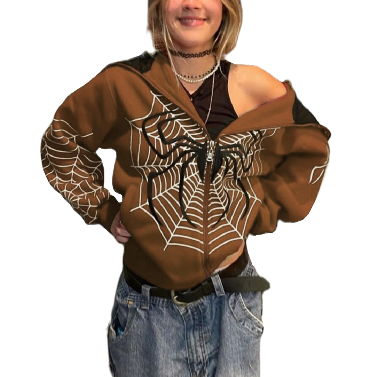 Women Y2K Spider Web Hoodies Vintage Graphic Long Sleeve Full Zip