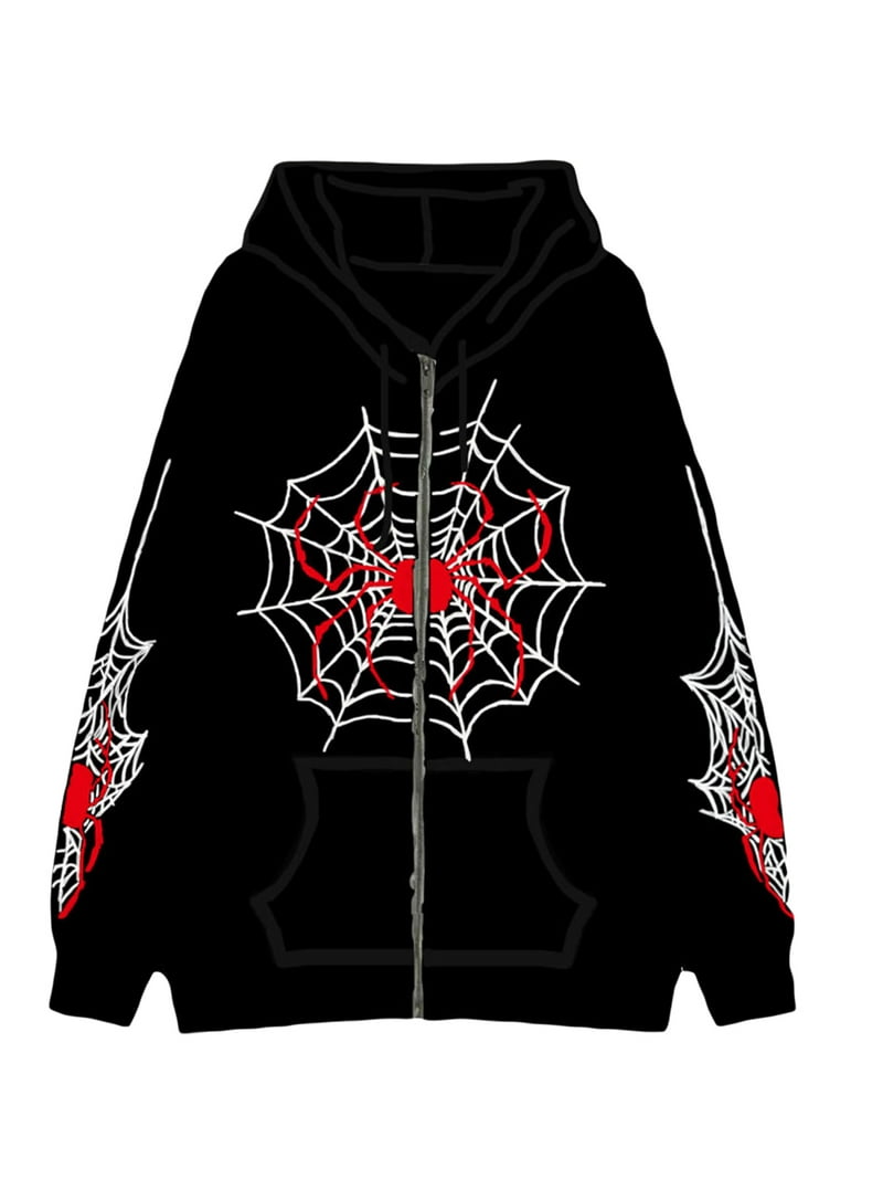 Women Y2K Spider Web Hoodies Vintage Graphic Long Sleeve Zip
