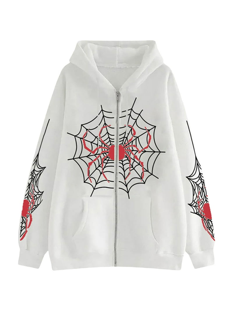 トップス sk8 y2k Parker Pairxily Womens Spider Web Graphic Zip Up Hoodie Oversized