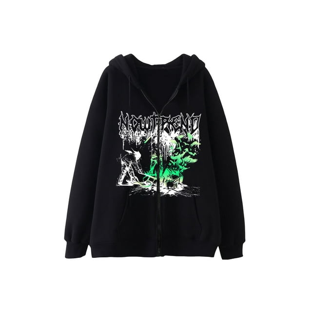 Women Y2K Spider Web Print Long Sleeve Hoodie Sweatshirt Zip Up Jacket with Pockets Warm Clothing Streetwear