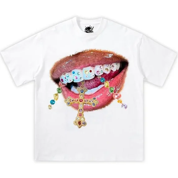 Women Y2K Streetwear Graphic T‑Shirt, Casual Crew Neck Short Sleeve Tee, Glossy Lips Gem Cross Jewelry Print, Trendy Retro Fashion Top for Women