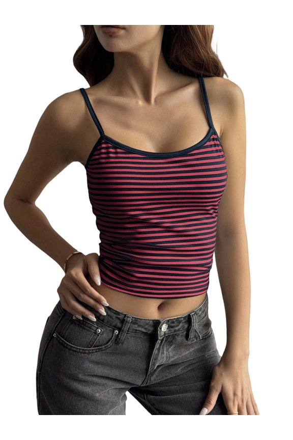 Women Y2K Stripe Print Camisole Spaghetti Strap Scoop Neck Tank Tops Aesthetic Sleeveless Crop Top Red L