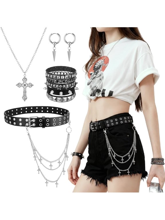 Women Y2K Studded Belt with Chain Punk Gothic Emo Accessories | PU Belt Bracelets Chain Earrings Necklace Rivet for Streetwear Concerts Raves Halloween