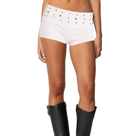 Women Y2K Studded Foldover Micro Shorts Vintage Low Waist Slim Fit Mini Shorts Summer Boxer Short Party Clubwear