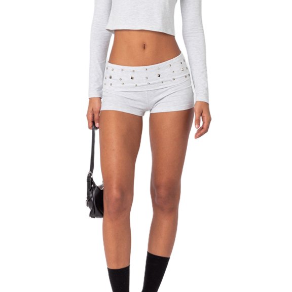 Women Y2K Studded Foldover Micro Shorts Vintage Low Waist Slim Fit Mini Shorts Summer Boxer Short Party Clubwear