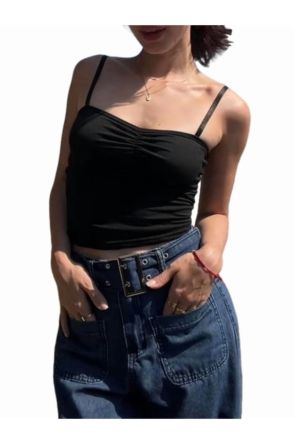 Women Y2K Sweetheart Neck Sleeveless Crop Tank Tops Backless Spaghetti Strap Pleated Bustier Camis Going Out Top Black L