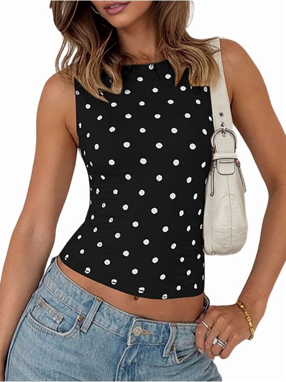 Women Y2K Tops Polka Dot Shirt Sleeveless Vintage Camisole Crew Neck Crop Tops Going Out Streetwear