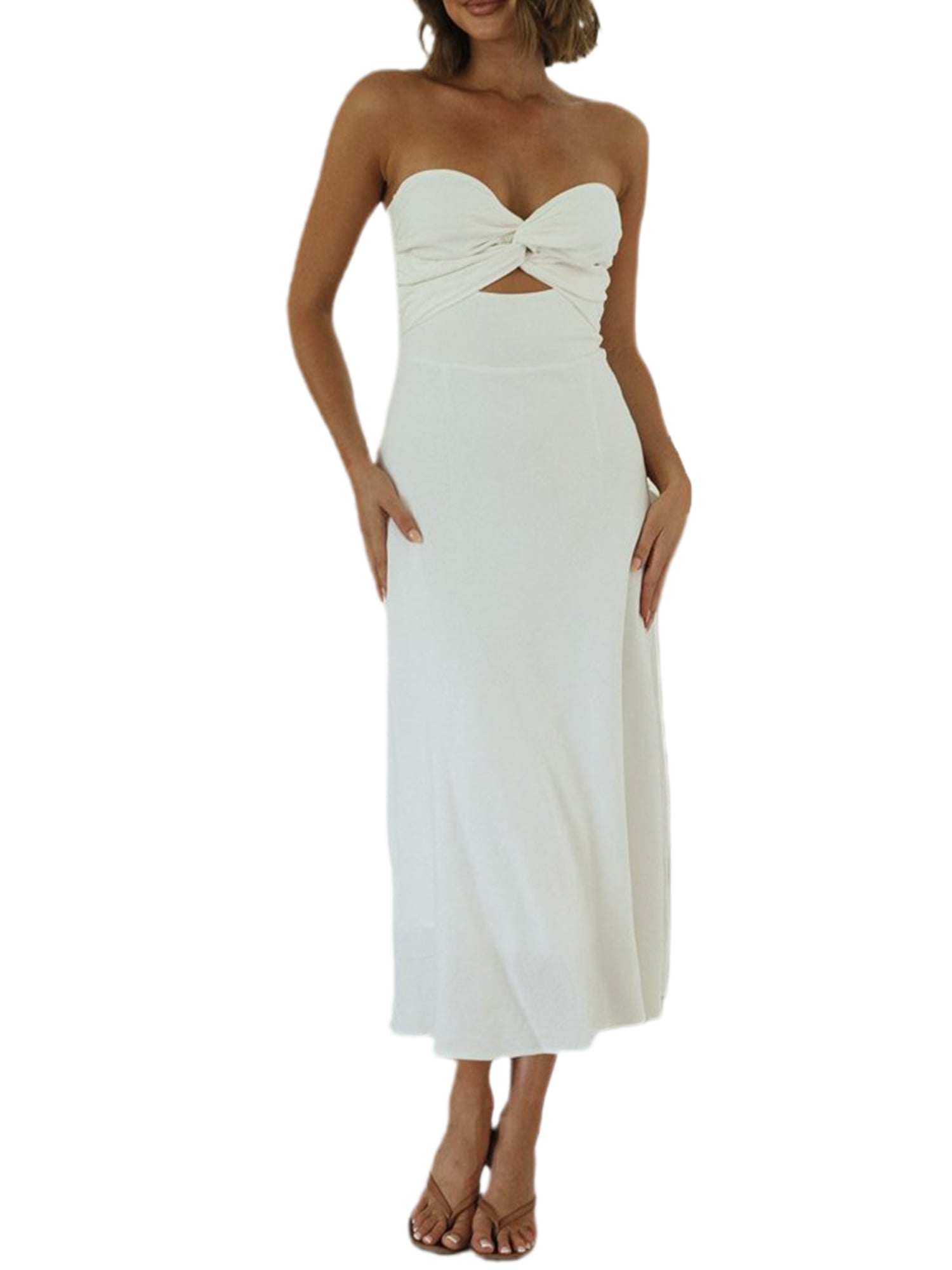Women Y2K Twist Knot Front Ribbed Bodycon Bandeau Tube Dress Solid  Strapless Maxi Long Dress 
