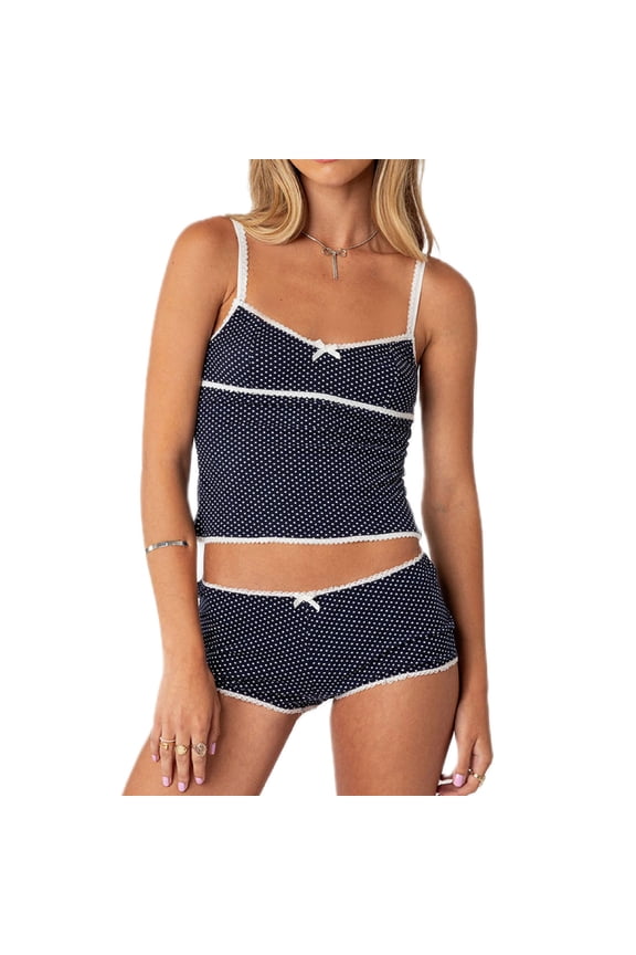 Women Y2K Vintage 2 Piece Pajama Sets Dot Print Sleeveless Camisole and Elastic Shorts Club Streetwear Summer Clothes