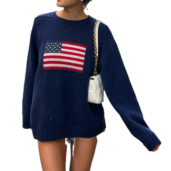 Women Y2K Vintage Loose Casual Sweater Long Sleeve Round Neck American Flag Print Knit Pullovers Tops Fall Streetwear