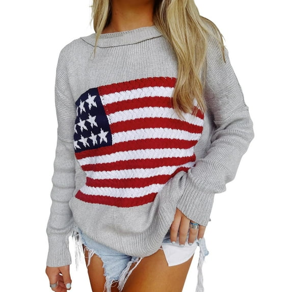 Women Y2K Vintage Loose Casual Sweater Long Sleeve Round Neck American Flag Print Knit Pullovers Tops Fall Streetwear