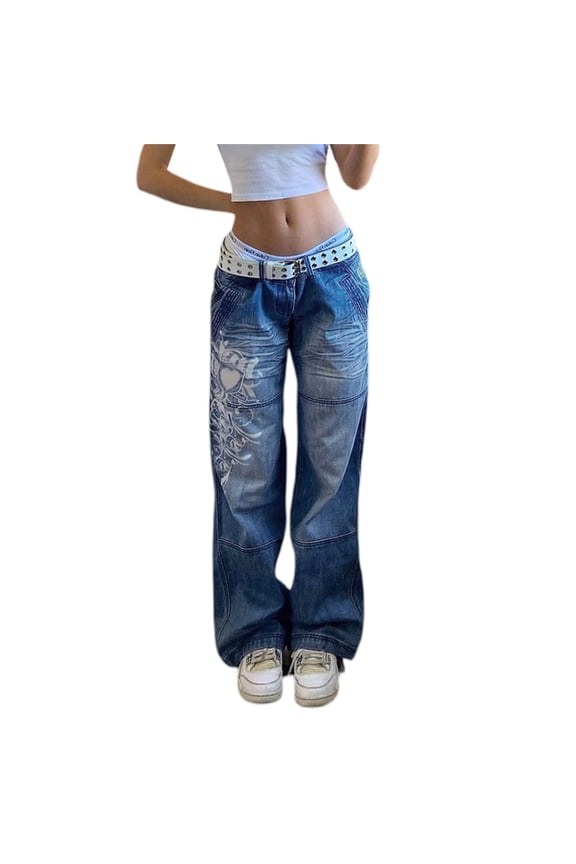 Women Y2K Wide Leg Jeans Baggy High Waisted Vintage Printing Wide Leg Denim Pants Loose E-Girl Trousers Streetwear
