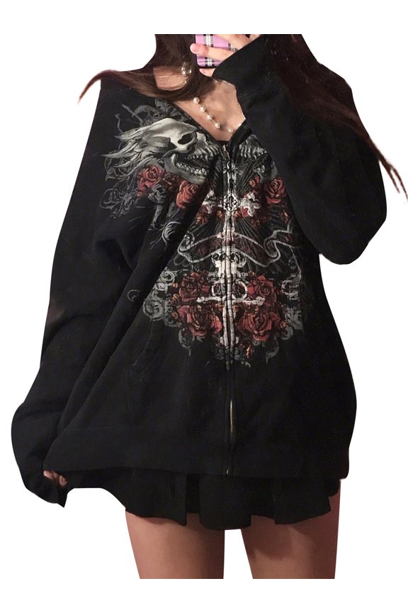Women Y2K Zip Up Hoodies Grunge Graphic Sweatshirt Jacket Goth Aesthetic Vintage Hooded Streetwear