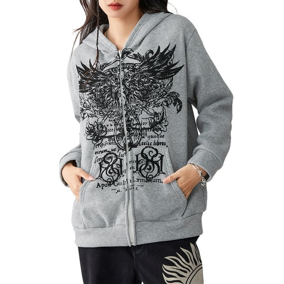 Women Y2K Zip Up Hoodies Grunge Graphic Sweatshirt Jacket Goth Aesthetic Vintage Hooded Streetwear