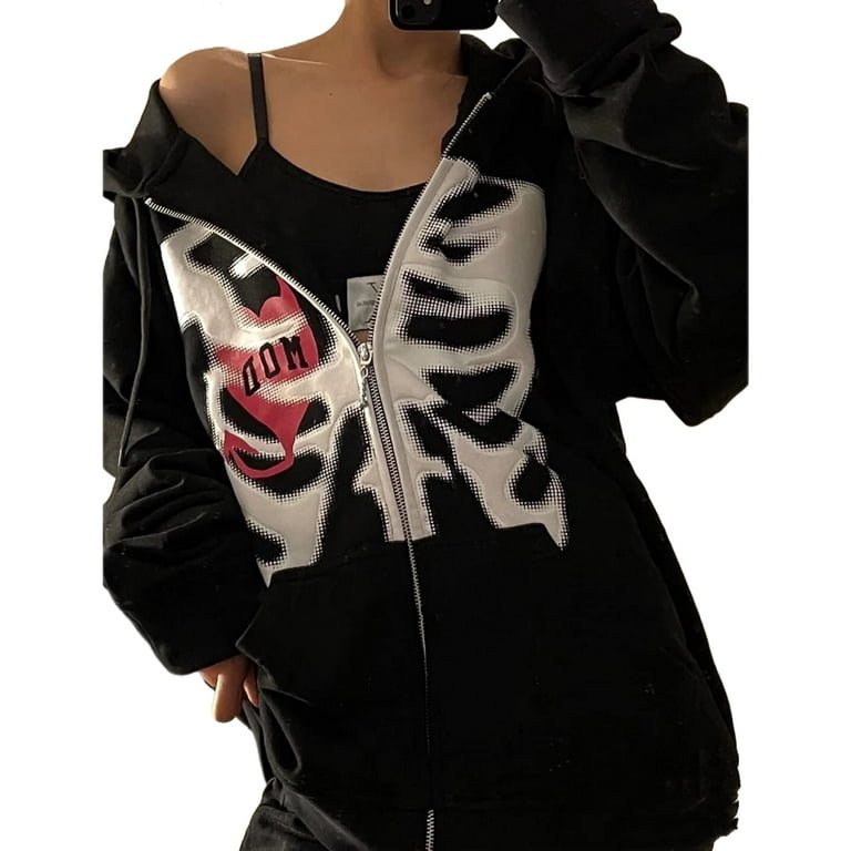 Women Y2K Zip Up Hoodies Oversized Butterfly Skeleton Hooded Sweatshirt  Casual Long Sleeve Jacket with Pockets Streetwear