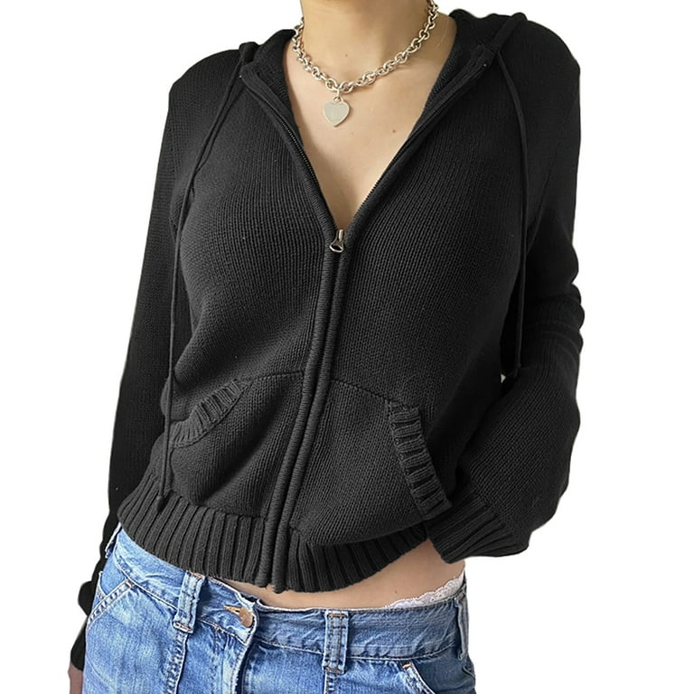 Women Y2K Zip Up Knit Hoodie Jacket Long Sleeve Drawstring Oversized Sweatshirt Vintage Solid Basic Jumper Outwear Walmart