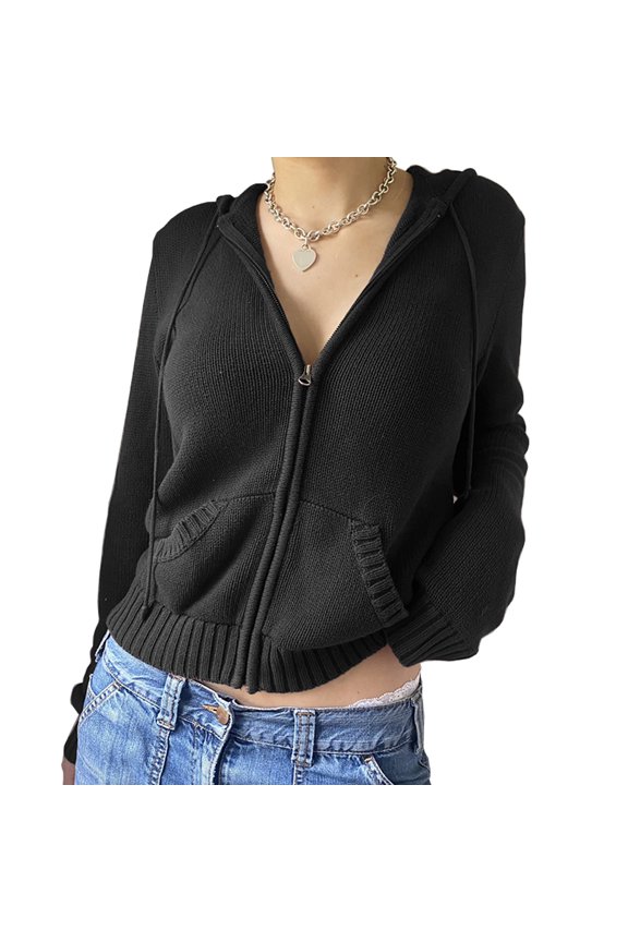 Women Y2K Zip Up Knit Hoodie Jacket Long Sleeve Drawstring Oversized Sweatshirt Vintage Solid Basic Jumper Outwear