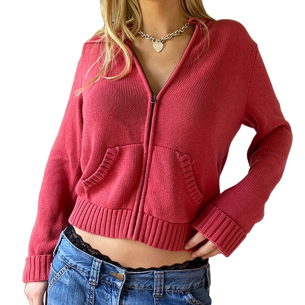 Women Y2K Zip Up Knit Hoodie Jacket Long Sleeve Drawstring Oversized  Sweatshirt Vintage Solid Basic Jumper Outwear - Walmart.com