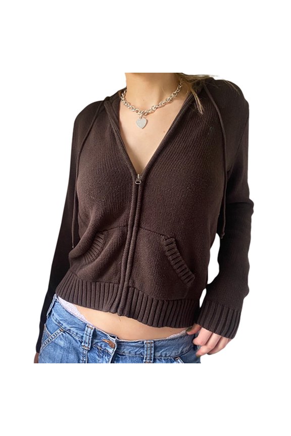 Women Y2K Zip Up Knit Hoodie Jacket Long Sleeve Drawstring Oversized Sweatshirt Vintage Solid Basic Jumper Outwear