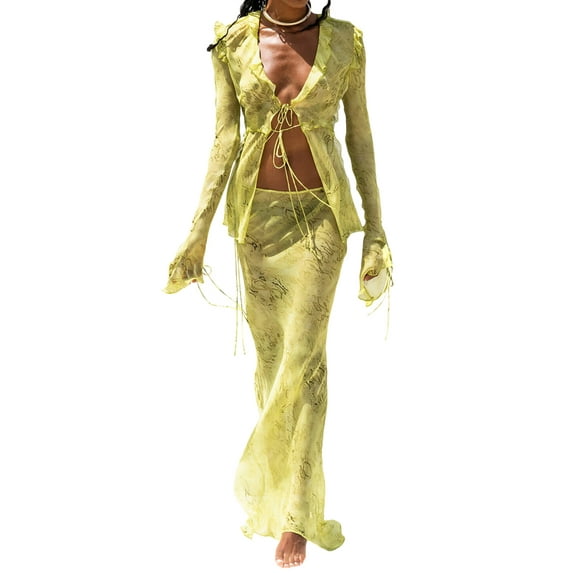 Women Y2k 2 Piece Maxi Skirt Set Lace Up Sheer Mesh Crop Tops High Waist Bodycon Long Skirt Set Summer Party Beach Wear