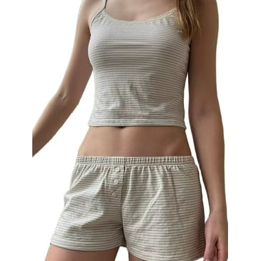 Women Y2k 2 Piece Pajama Set Striped Print Crop Camisole and Elastic Shorts Set Loungewear Sleepwear