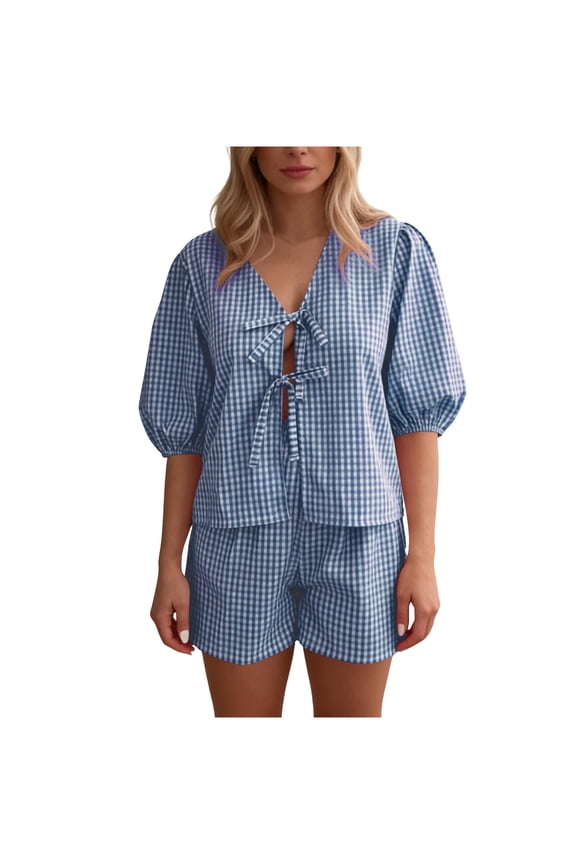 Women Y2k 2 Piece Plaid Pajama Set Cute Tie Front Puff Sleeve Babydoll Shirt Gingham Shorts Lounge Pjs Sleepwear