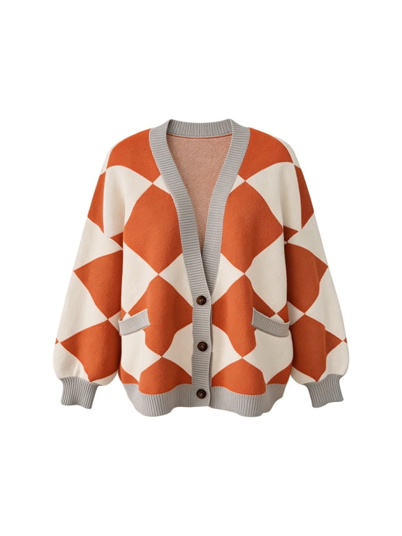 Women Y2k Cardigan Sweaters Argyle Long Sleeve Open Front Knitted Sweaters (Red L)